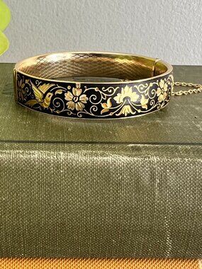 Vintage Damascene Gold Black Hinged Bracelet With Chain Stylized Bird-of-Paradis